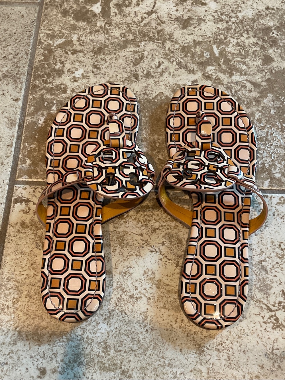 Tory Burch Geometric Print Slide Sandals in Pink, Black and Yellow